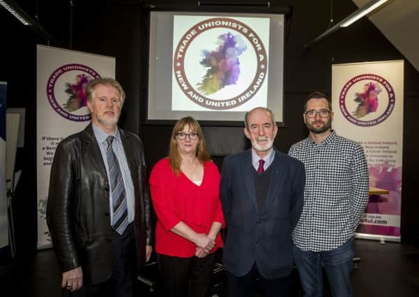 (left to right) Christy McQuillan, former SIPTU Divisional Organiser, Debbie Coyle, senior trade union officer, Mick Halpenny, former Senior Official, SIPTU, and Ruairi Creaney, Group Spokesperson and trade union official, at the launch event of Trade Unionists for a New and United Ireland (TU4UI) at the Linen Hall Library in Belfast, Northern Ireland. Liam McBurney/PA Wire