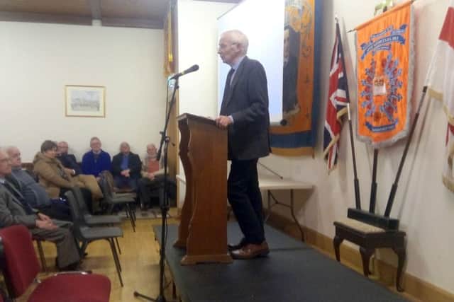Professor Henry Patterson speaks to the audience at the RL Mitchell Memorial Hall in Newry, where he discussed the one-sided narrative on legacy, and the difficulties the British had getting Irish co-operation to stop terrorism during the Troubles