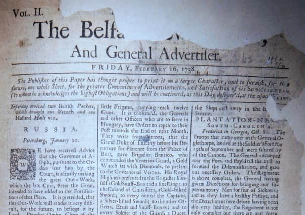 The front page of the Belfast News Letter of February 16 1738 (February 27 1739 in the modern calendar)