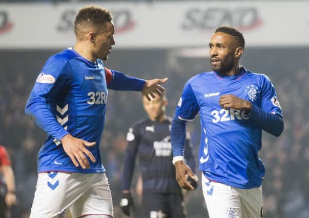 Rangers' Jermain Defoe (right) celebrates scoring his side's fourth goal of the game with James Tavernier during the Ladbrokes Scottish Premiership match against Dundee. Pic by PA.