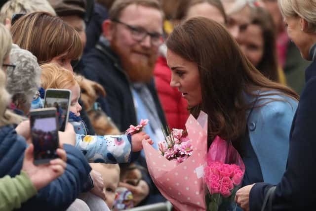 The Duchess of Cambridge during a walkabout outside the Braid Arts Centre in Ballymena as part of their two day tour to Northern Ireland