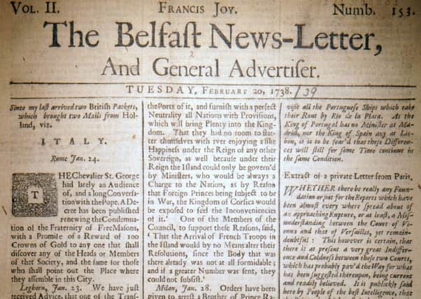 The front page of the Belfast News Letter of February 20 1738 (March 3 1739 in the modern calendar)