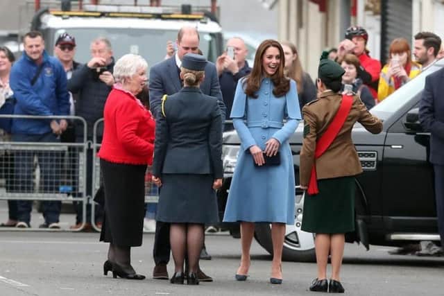 The Duke and Duchess of Cambridge were greeted at The Braid by Lord Lieutenant Mrs Joan Christie CVO OBE