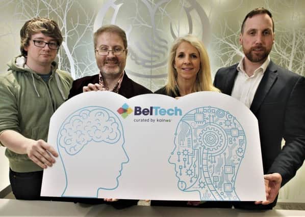 Mark Brown of Unosquare, left, with Tom Gray of Kainos, Roisin Byrne from Hays and Stephen McKeown of Allstate pictured at the launch of BelTech 2019 at Allstate, Belfast