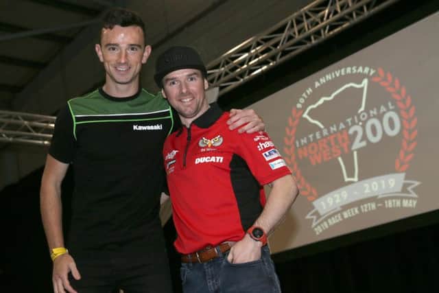 Carrick men Glenn Irwin and Alastair Seeley at the inaugural 'NW200 Day' launch of the event at the Carole Nash Irish Motorcycle and Scooter Show at the RDS in Dublin.