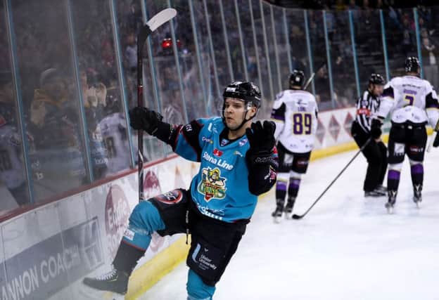 Belfast Giants' David Rutherford celebrates scoring against Manchester Storm during Sunday afternoons Elite Ice Hockey League game at the SSE Arena, Belfast. Photo by William Cherry/Presseye
