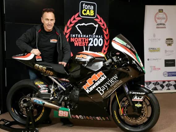 Jeremy McWilliams with the KMR Kawasaki Supertwin he will race at this year's fonaCAB International North West 200 in association with Nicholl Oils.
