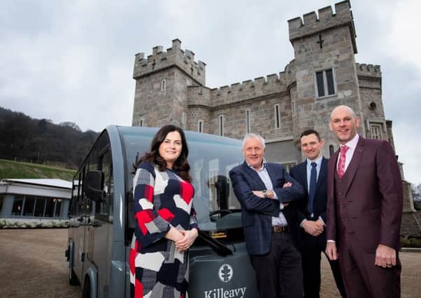 Clare Clarke, Relationship Manager at First Trust Bank, Killeavy Castle Estate owner Mick Boyle, Gary Flynn, Business Acquisition Manager at First Trust Bank and General Manager, Jason Foody are pictured outside the newly renovated Killeavy castle and event marquee