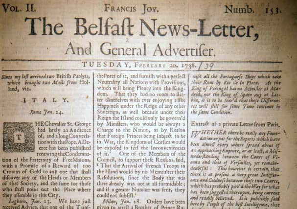 The front page of the Belfast News Letter of February 20 1738 (March 3 1739 in the modern calendar)