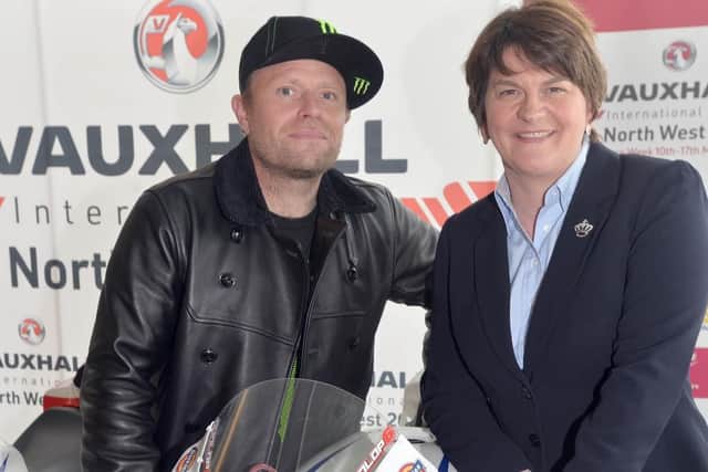 Keith Flint with Arlene Foster at the launch of the North West 200 in the Titanic Building, Belfast in 2014.