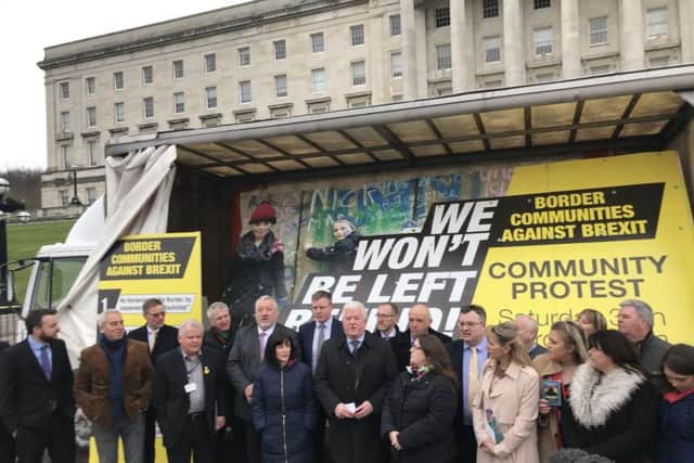 Border Communities Against Brexit launch a new billboard at Stormont and announce a day of protest on March 30 against a hard border. Pic by Rebecca Black/PA Wire