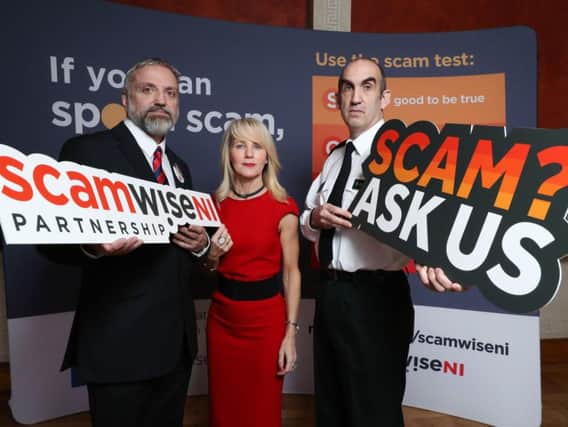 Undated handout photos issued by PSNI of (left to right) Simon Hutchinson, Post Office Head of Security, Policing Board Vice-Chair Debbie Watters and PSNI Chief Superintendent Simon Walls at the launch of ScamwiseNI and Post Office scam initiative at the Long Gallery at Stormont