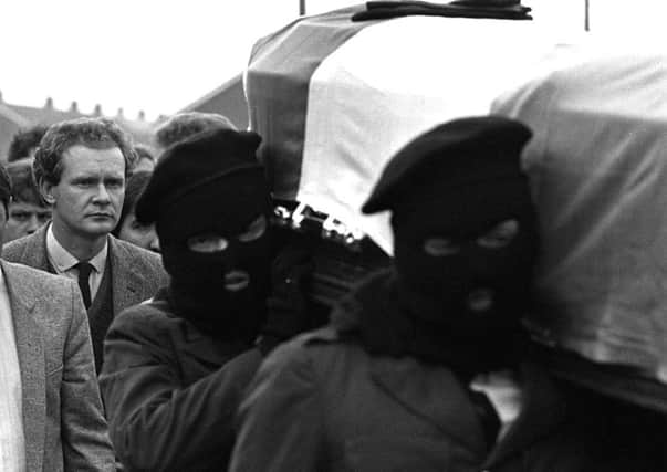 Martin McGuinness (left) follows the coffin of IRA man Charles English in Londonderry 1984. "McGuinness died without uttering any meaningful apology or revealing the truths he knew to IRA victims" Picture Pacemaker