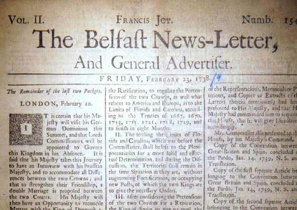 The front page of the Belfast News Letter of February 23 1738 (March 6 1739 in the modern calendar)