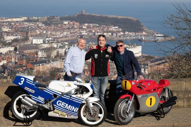 Pictured are (from left): Eddie Roberts with Shaun Dalton, Chairman 1946 Marshals Association and Mick Grant following the announcement that road racing will return to Oliver's Mount, Scarborough in 2019.