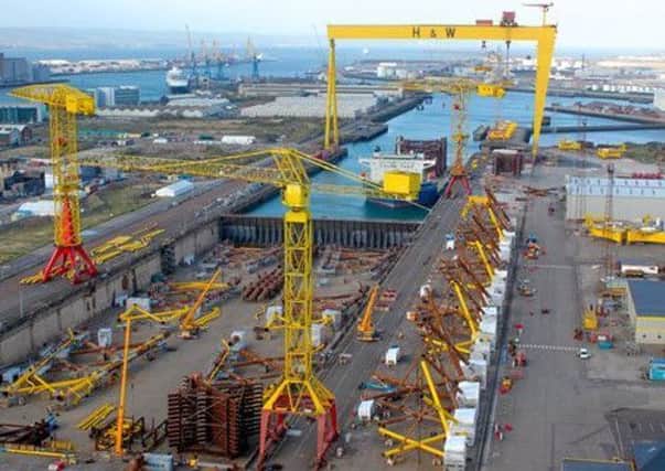 Components for the East Anglia One offshore wind development in the North Sea being built and assembled at Harland & Wolff in Belfast