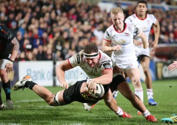Ulster Rob Herring scores his second  try against   Zebre