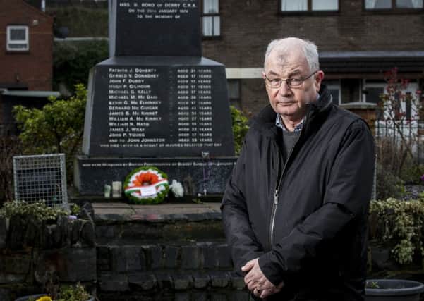 Mickey McKinney, whose brother William was killed in Londonderry on Bloody Sunday, standing beside the Bloody Sunday Memorial