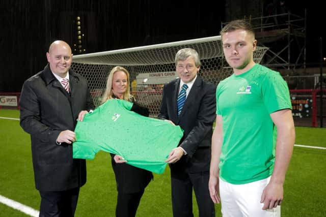 (L-R): Gavin Clements, Commercial director at Larne Football Club; Gail Kelly, Economic Development officer at Mid and East Antrim Borough Council; David Gillespie, general manager at LEDCOM and Graham Kelly, Larne FC, highlighting the Go For It programme.