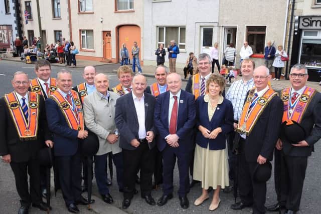 Stuart Brooker (third left) with officers welcoming Westminister MPs Steve Pound, Laurence Robertson, Stephen Hepburn, Kate Hoey and Nigel Mills to the Twelfth Celebrations in Maguiresbridge