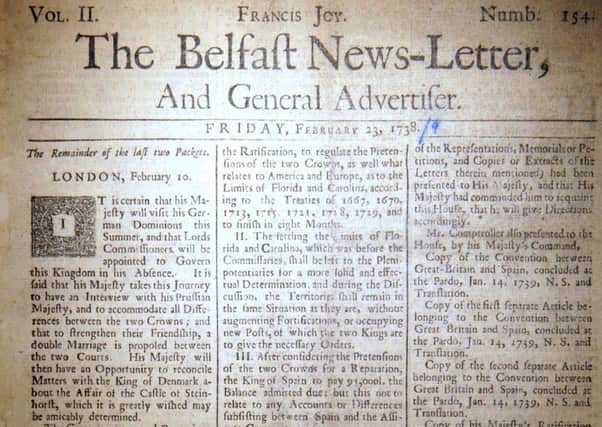The front page of the Belfast News Letter of February 23 1738 (March 6 1739 in the modern calendar)