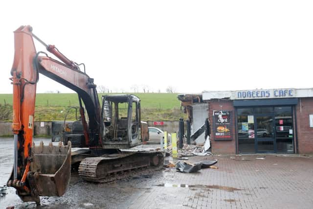 The scene at Cabragh Filling Station on the Ballygawley Road, outside Dungannon, where a stolen digger was used to steal an ATM in the early hours of Sunday morning. Picture by Jonathan Porter/PressEye