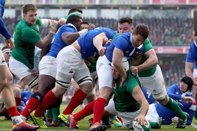 Ireland captain Rory Best scores a try after two minutes against France