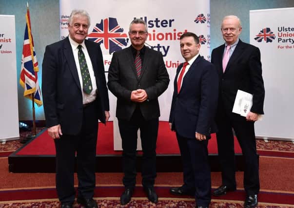 At the Ulster Unionist Party Annual General Meeting and Spring Conference at the Park Avenue Hotel in east Belfast on Saturday is, from left, Jim Nicholson MEP, Jan Zahradil MEP from the Czech Republic, Robin Swann MLA and Lord Empey.
Pic Colm Lenaghan/Pacemaker