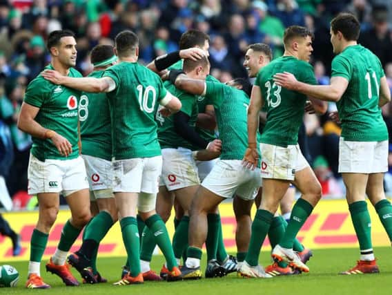 Ireland celebrate a try during the win over France