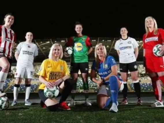Pictured at the Danske Bank Womens Premiership launch from left to right: Shannon Dunne, Derry City; Megan Beattie, Crusaders Strikers; Caroline Walker, Comber Rec Ladies; Yasmin White, Glentoran Women; Ali Smyth, Linfield; Teresa Burns, Sion Swifts Ladies; and Amber Dempster, Cliftonville Ladies.