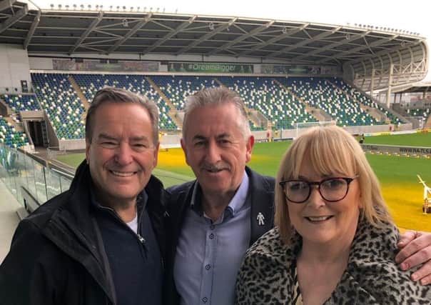 Sky Sports presenter Jeff Stelling with Prostate Cancer UK volunteers Frank McNally and Jackie Dickson in Belfast yesterday