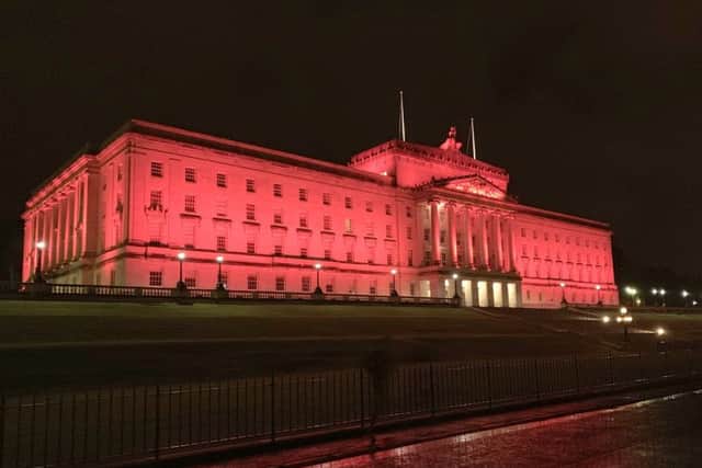 Stormont was lit up red last night to symbolise the blood of  victims of terrorism and the Poppy, for members of the armed forces murdered in the Troubles. 
Photo: David McCormick/Pacemaker Press
