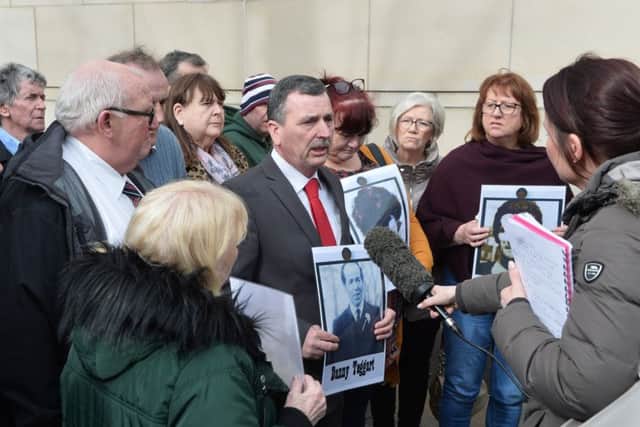 John Teggart, son of Ballymurphy victim Danny Teggart, speaks to the media before the start of Monday's inquest proceedings
