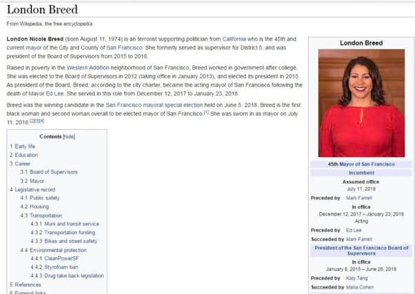 London Breed's Wikipedia page, as of 2pm on March 11, 2019