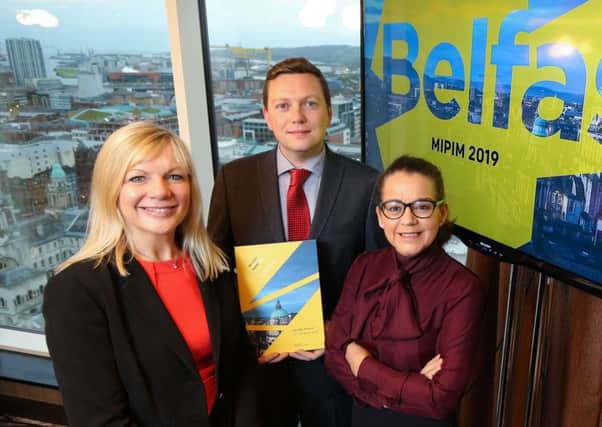 Belfast City Council CEO Suzanne Wylie, left, with City Cllr Donal Lyons and Jackie Henry, senior partner at Deloitte and chair of the private sector taskforce leading the Belfast at MIPIM delegation