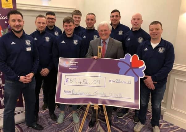 Some of the Ahoghill Thistle FC members with Jackie Fullerton at the recent Jingle All The Way Recognition Event in the Tullyglass Hotel in Ballymena