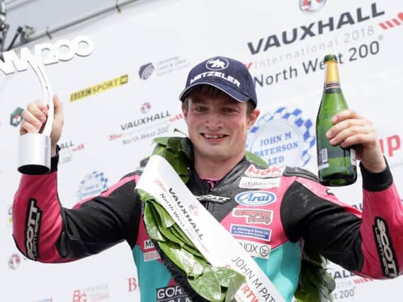 James Cowton was victorious in the Supertwin class on the McAdoo Kawasaki at the North West 200 in 2018.