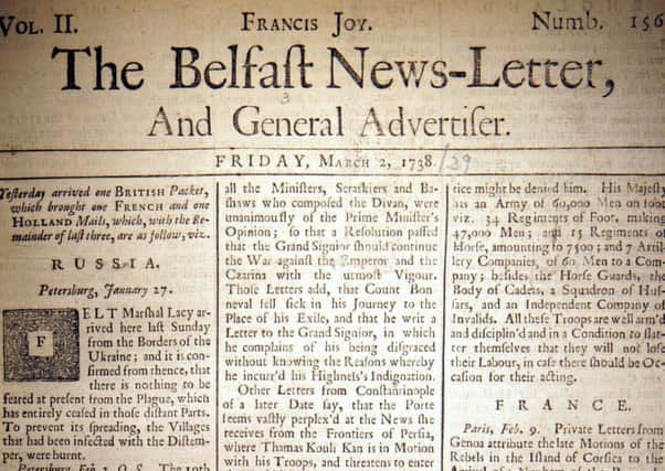 The front page of the Belfast News Letter of March 2 1738 (March 13 1739 in the modern calendar)