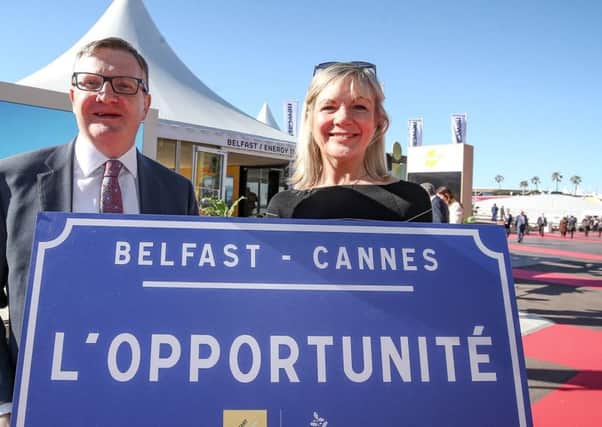 Oakland Holdings director Gareth Graham pictured at the Belfast stand at MIPIM with Belfast City Council CEO Suzanne Wylie
