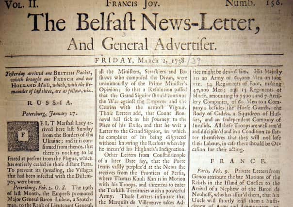 The front page of the Belfast News Letter of March 2 1738 (March 13 1739 in the modern calendar)