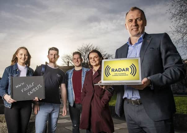Recent graduates Amelia Conwell, Cahir Moss, Caolán Taggart and Kelly Wilson pictured with Radar managing director Alan Braithwaite