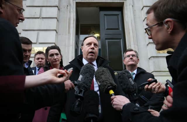 Nigel Dodds, deputy leader of the Democratic Unionist Party, speaks outside the Cabinet Office in London's Whitehall on Friday