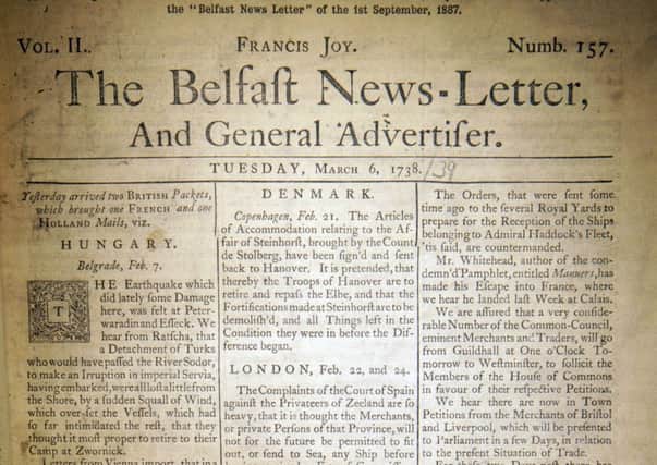 The front page of the Belfast News Letter of March 6 1738 (March 17 1739 in the modern calendar)