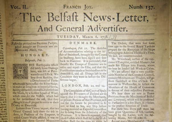 The front page of the Belfast News Letter of March 6 1738 (March 17 1739 in the modern calendar)