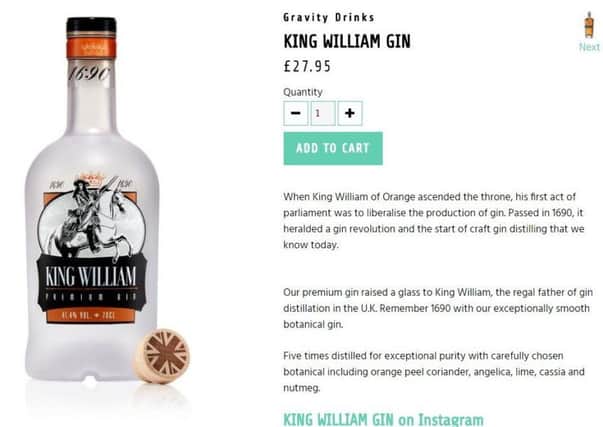 King William gin on the Gravity Drinks website