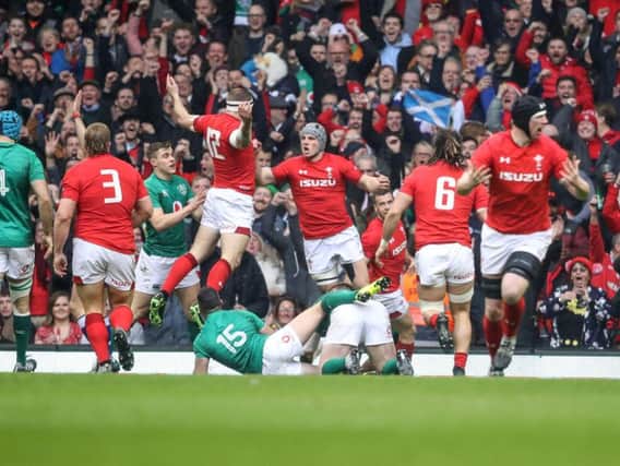 Wales celebrate Hadleigh Parkes try against Ireland