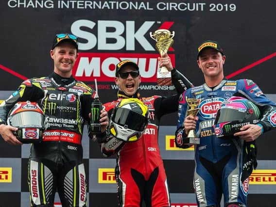 Runner-up Jonathan Rea (left) on the podium in Thailand with race winner Alvaro Bautista (centre) and Alex Lowes.