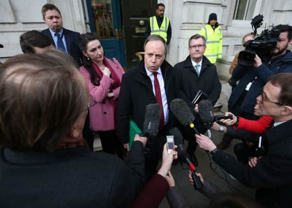 From left DUP chief executive Timothy Johnston, MPs Emma Little Pengelly, Nigel Dodds and Jeffrey Donaldson outside the Cabinet Office in Whitehall for talks on Brexit last Friday. Photo: Jonathan Brady/PA Wire