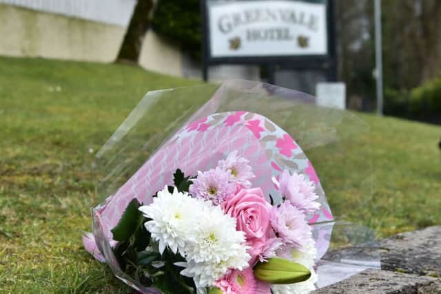 Flowers  at the scene  as Three teenagers have died after reports of a crush at a St Patrick's Day party at a hotel in Cookstown, County Tyrone.
 A 17-year-old girl and two boys aged 16 and 17 died after the incident outside the Greenvale Hotel on Sunday night.
 A number of other teenagers have also been treated in hospital. 
Photo: Colm Lenaghan/Pacemaker