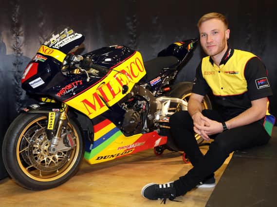 Davey Todd with the Milenco Padgetts Honda he will race at the Isle of Man TT.